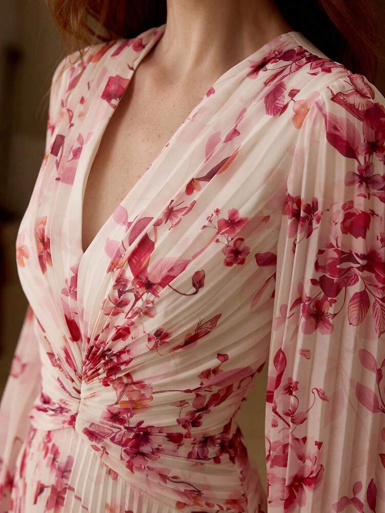 WOMEN'S LONG SLEEVE PLEATED ROMANTIC ELEGANT PRINTED MAXI DRESS, SPRING/SUMMER