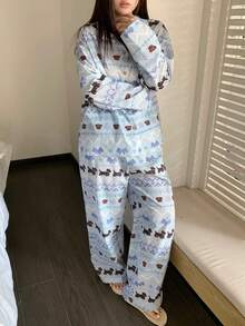 Dazy Plus Cute Cartoon Print Loose Cardigan Top And Pajama Pants Sleepwear Set, Suitable For Spring And Autumn - Blue - View 2
