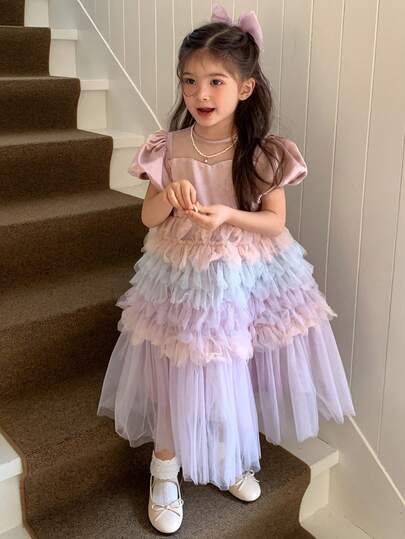 Young Girls Round Neck Puff Sleeve Mesh Cute Dress