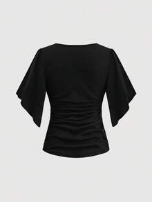 SHEIN PETITE Petite Women's V-Neck Batwing Sleeve Fitted Slim T-Shirt - Black - View 2