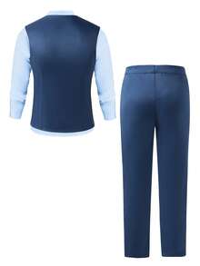 两件套青少年男士绅士套装，包括修身撞色马甲和蓝色西裤，优雅正式的西装，适合生日、婚礼、婚礼宾客、花童、戒指童等场合。 - 寶藍色 - 查看 2