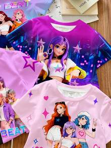 SHEIN 4pcs/Set Young Girl Casual Cartoon Pattern Round Neck Short Sleeve Basic T-Shirts, Suitable For Spring & Summer - Multicolor - View 5