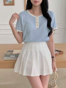 DAZY 女士休闲撞色滚边短袖T恤，夏季 - 藍色 - 查看 2