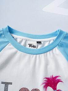 SHEIN Trolls Áo thun nữ tay ngắn cổ tròn phối màu đính đá lấp lánh họa tiết hoạt hình - Xanh và trắng - Xem 3