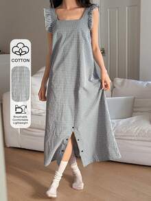 DAZY 可爱格子荷叶边女士连体裤家居服 - 黑色 - 查看 1