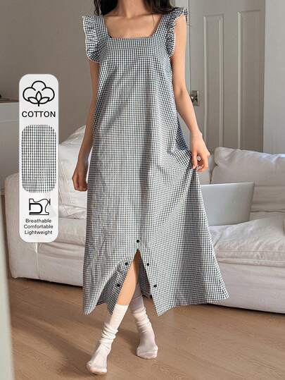 DAZY Cute Plaid Ruffle Trim Women's Jumpsuit Loungewear