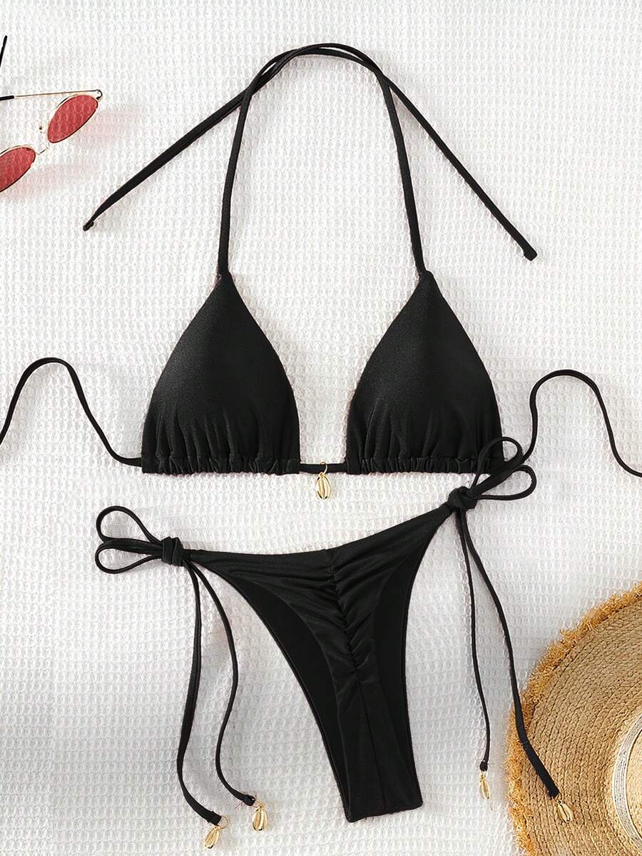 Swim Basics Bộ bikini gợi cảm buộc dây cổ màu trơn dành cho nữ mùa hè 2025, bikini dây, bikini tam giác, bikini đi nghỉ mát, bikini cắt chữ V, bikini kiệm vải. - màu đen - Xem 1