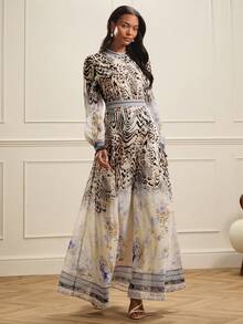 Lilora 优雅高端薄纱飘逸豹纹与花卉融合立领纽扣收腰喇叭泡泡袖连衣裙，女士款 - 彩色 - 查看 9