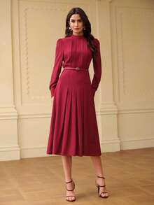 ZEYLAH Women's Pleated Cinched Waist A-Line Dress, Autumn/Winter - Red Violet - View 4