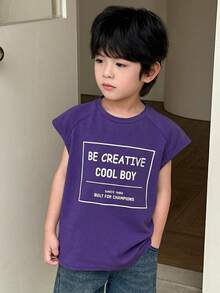 SHEIN Little Byeori 男童舒适字母拼接休闲背心，适合户外活动、学校、居家休闲和专业运动。 - 藏蓝色 - 查看 3