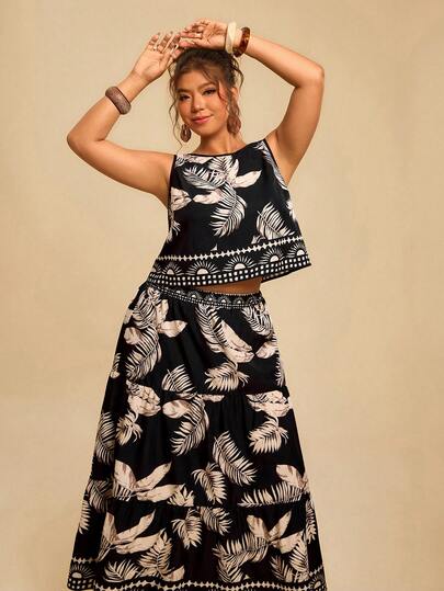 Travachic Plus Size Women Tropical Plant Print Round Neck Tank Top And Skirt Set, Casual Holiday Outfit