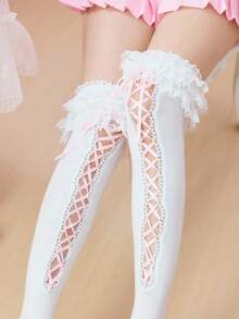 ROMWE Kawaii 1 Đôi Tất Cao Cổ Đến Đầu Gối Phong Cách Ballet Đa Lớp Ren Rỗng Dây Đeo Subculture Spice Girl - Màu trắng 9 - Xem 5