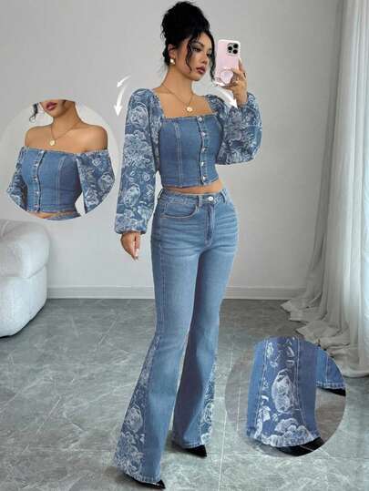 Elenzga 2pcs/Set Women Stylish Denim Outfit, Long Sleeve Off-Shoulder Top And High Waist Pants