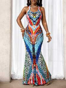 SHEIN BamGlam Women's Positioning Print Sexy Vacation Dress - Multicolor - View 1