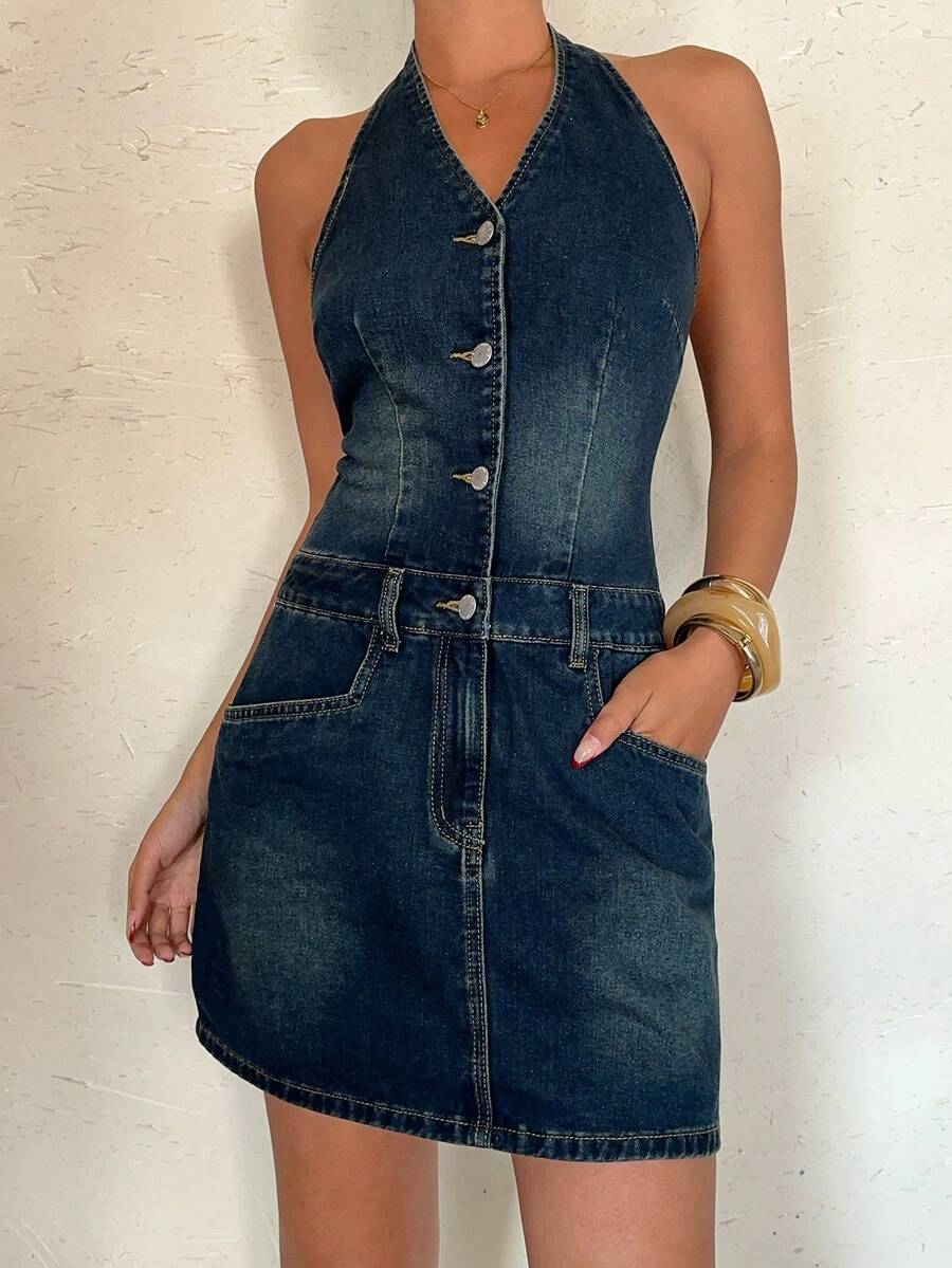 Aloruh Women's Casual Washed Button Half-Placket Halter Backless Denim Dress, Summer - Blue - View 1