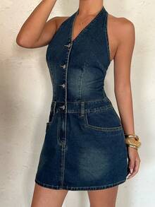 Aloruh Women's Casual Washed Button Half-Placket Halter Backless Denim Dress, Summer - Blue - View 3
