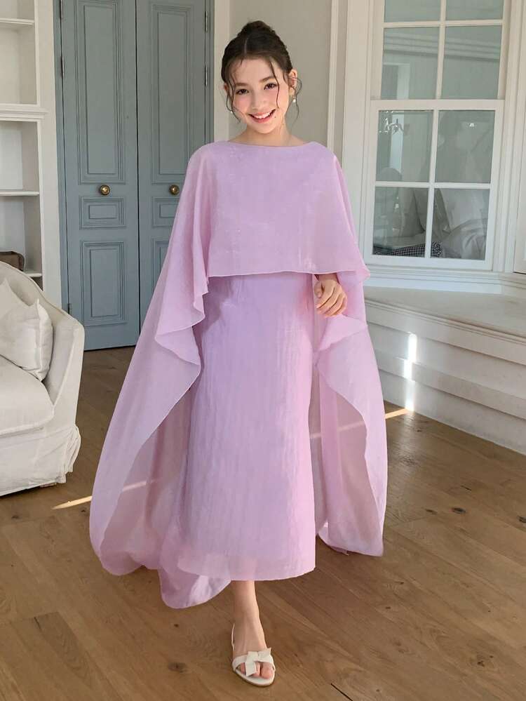 Tween Girl Solid Color Round Neck Ruffle Hem Elegant Dress