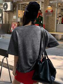 DAZY 女士休闲字母印花落肩宽松T恤，夏季 - 深灰色 - 查看 4