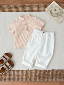 SHEIN 2pcs Baby Boy Cute Casual Striped Polo Collar Shirt And Elastic Waist Striped Casual Pants Set, Suitable For Spring And Summer Wear, Home, Outing And Vacation - Yellow - View 6