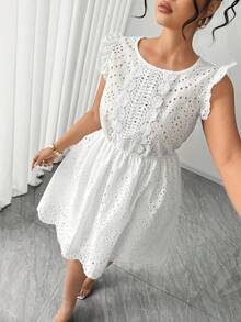 Elenzga Plus Size Fashion Round Neck Embroidered Hollow-Out Fabric Waist Slimming Ruffle Sleeve Dress, Sweet Ruffle Sleeve Fashionable Versatile Elegant Vacation Style Floral Dress, Suitable For Daily Wear, Weekend Outings Or Shopping, Beach Vacation Or By The Pool, Summer Parties, Garden Gatherings - White - View 6