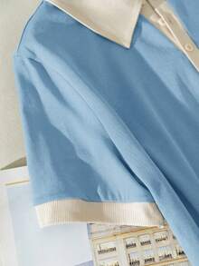 CosyJoli 大码休闲黑白撞色Polo领修身针织连衣裙 - 淺藍色 - 查看 5