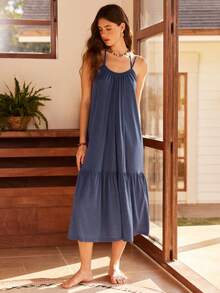 Bohemian Style A-Line Ruffle Backless Tie Strap Maxi Dress For Women - Dusty Blue - View 6