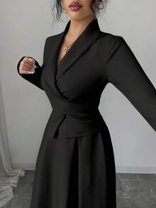 Rafferiza 2件套 女士休闲通勤系带裹腰衬衫 & 百褶A字长裙 - 黑色 - 查看 2