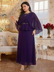 Reflora Curvy Plus Size Women's Elegant Purple Summer Formal Wedding Dress,Chiffon Batwing Sleeves Rhinestone Fake Two-Piece Prom Ball Gown,Luxury - Purple - View 8