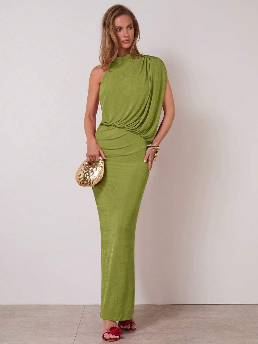 COSMINA Damen elegantes einfarbiges plissiertes Kleid, Sommer - Grün - Übersicht 1