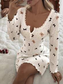 CottageSlumber Women's Floral Trim Square Neck Polka Dot & Bear Print Knit Long Sleeve Nightgown - Multicolor - View 5