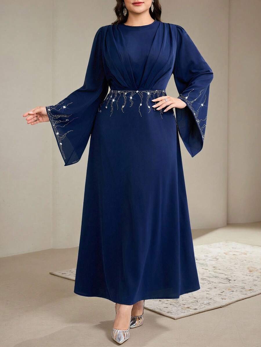 Veilorie 大码女式圆领喇叭袖水钻装饰褶皱优雅连衣裙 - 藏蓝色 - 查看 1