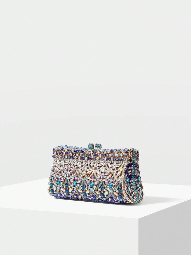 Bolsa de Cristal de Luxo Feminina Mista Azul e Dourada, Bolsa Cintilante com Strass para Mulheres, Bolsa de Embreagem Prateada, Bolsas Pequenas Brilhantes para Casamentos, Bailes de Formatura, Boutiques e Festas, Artesanato Complexo Feito à Mão
