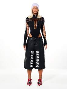 SUMWON WOMEN Long Sleeve High Neck Cutout Bodysuit With Lace Up Arms And Chest Details - Black - View 3