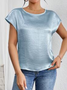 Firerie Áo sơ mi satin tay cánh dơi màu trơn dành cho nữ - Màu xanh nhạt - Xem 5