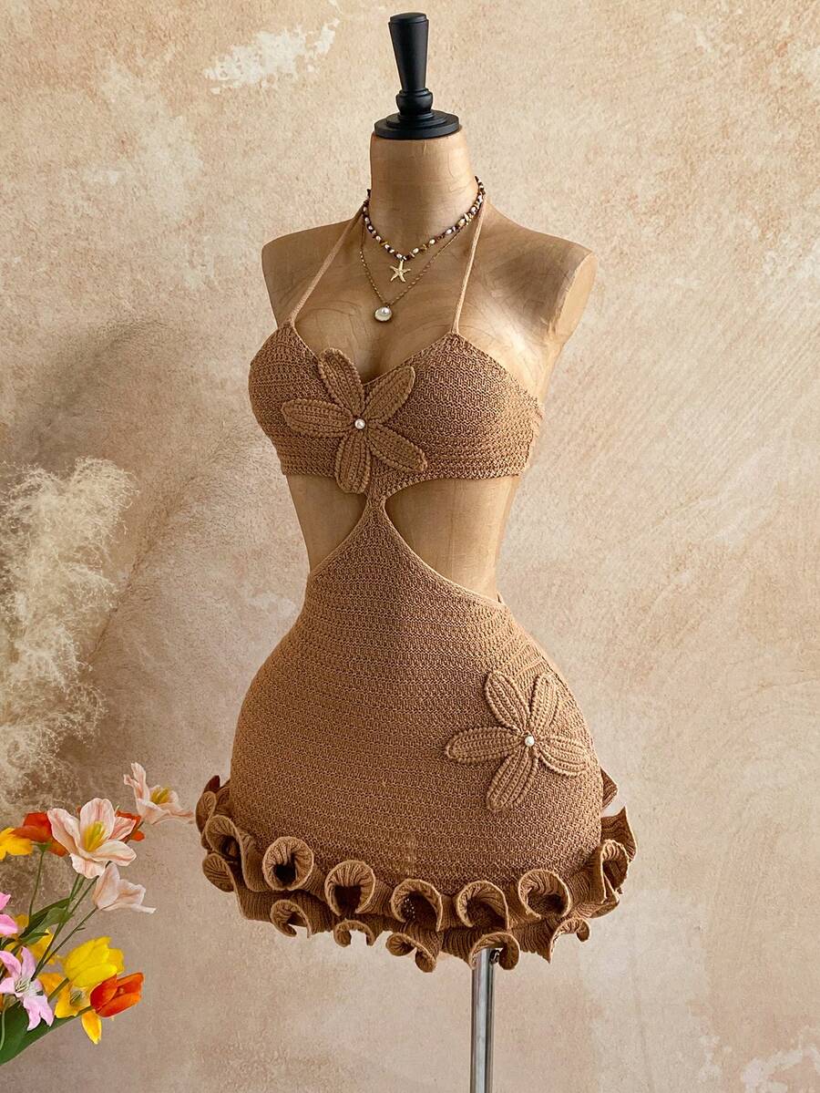 Soleia 女士休闲假日卡其色碎花荷叶边针织连衣裙，适合海滩、邮轮、城市度假、假日约会、下午茶、音乐节、波西米亚风、夏季连衣裙、派对等场合。 - 卡其色 - 查看 1