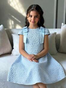 SHEIN Tween Girl Elegant Jacquard Floral Pattern Bow Decor A-Line Dress,Summer Light Blue Party Church Matching Dresses For Little Girls - Blue - View 5