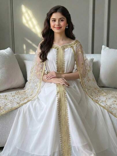 SHEIN Elegant Floral Embroidered Mesh Splice Off-Shoulder Cinched Waist Robe, Dignified For Daily Wear White Dress Traditional Dress White Long Dress Gold Embroidered Dress Arabic Dress For Girls Princess Dress For Women White And Gold Dress For Girls Abaya Sets Girls