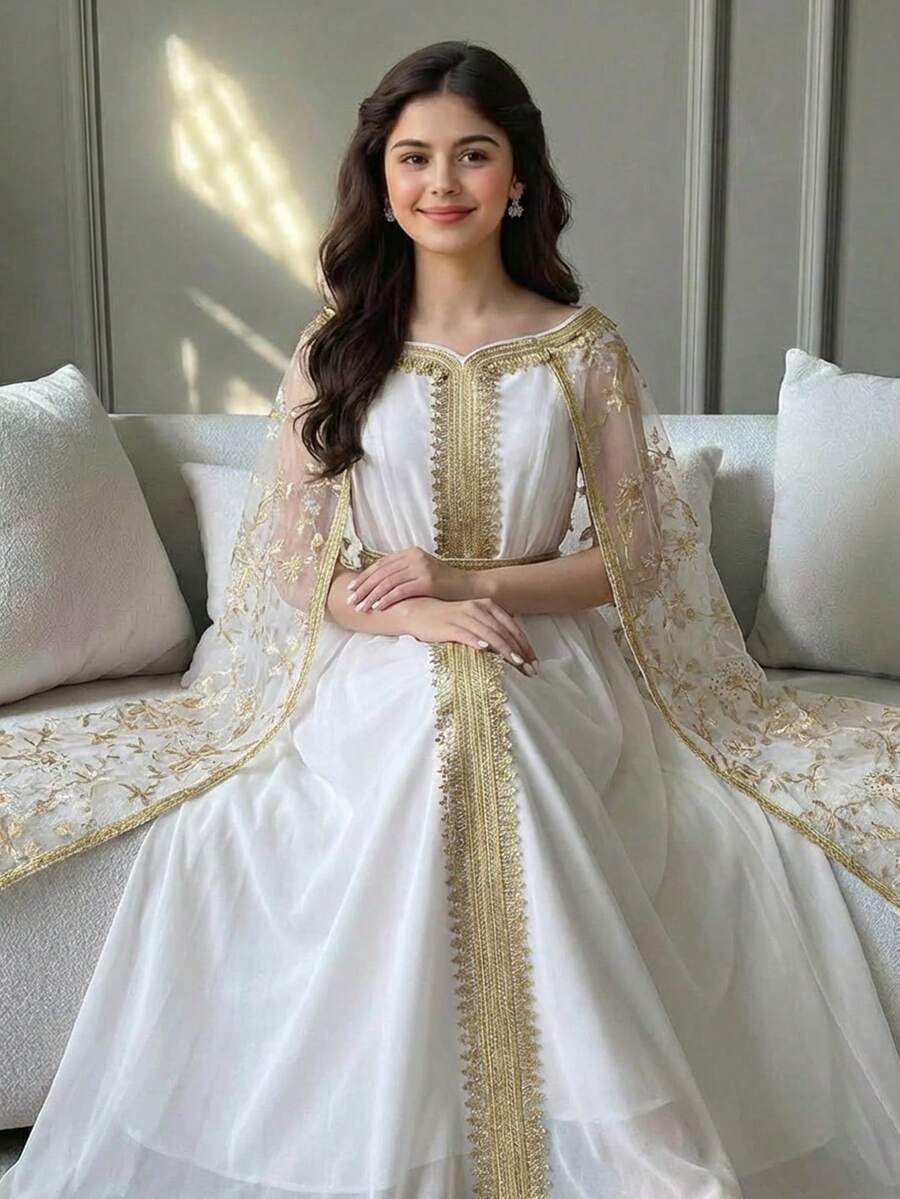 SHEIN Elegant Floral Embroidered Mesh Splice Off-Shoulder Cinched Waist White Long Robe,Summer Bridal Wedding Al-Adha Country Arabic Abaya Dress,Kids - White - View 1