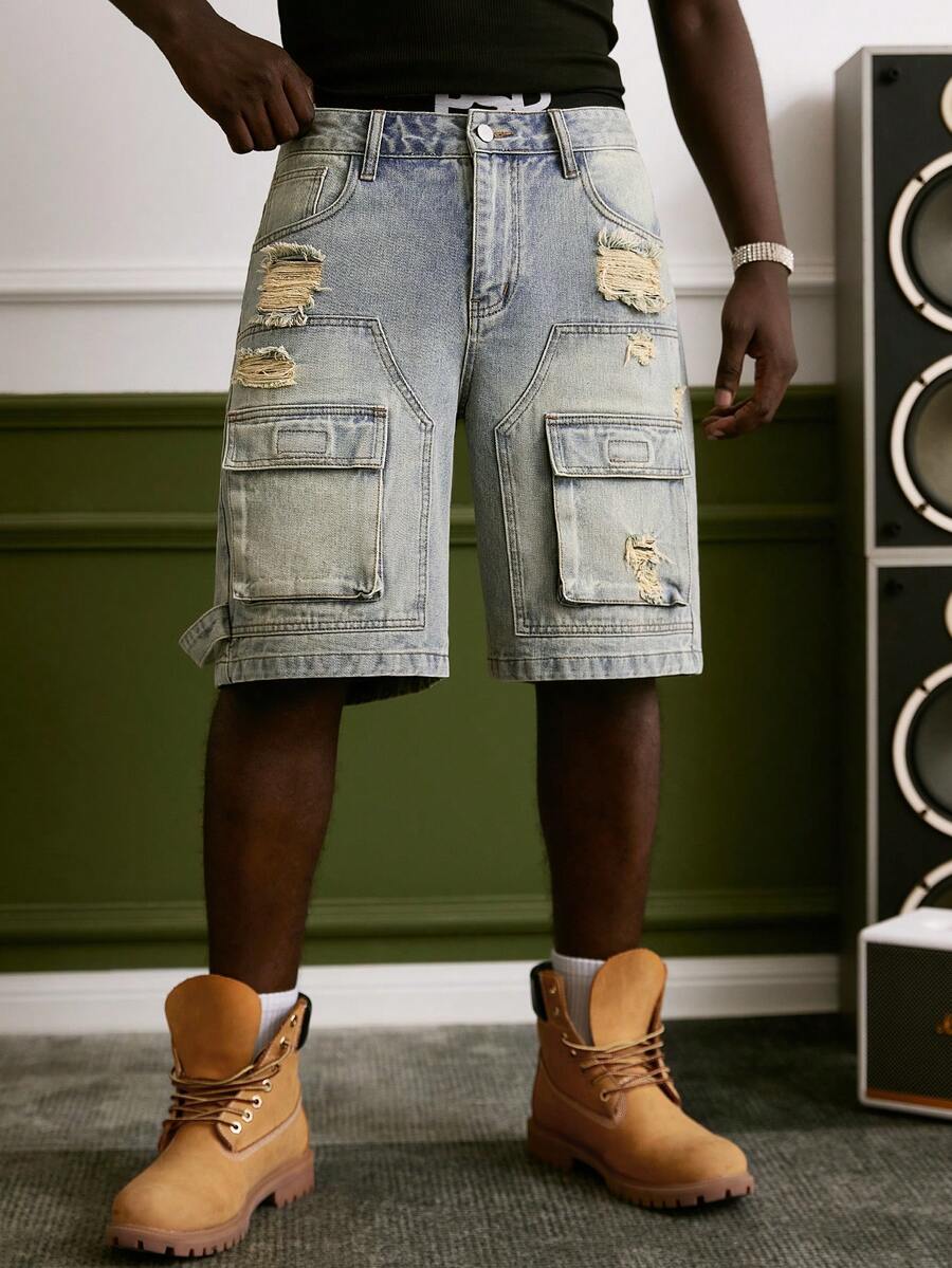 GALLERY FADE 男士休闲做旧多口袋蓝色牛仔短裤 - 中等水洗藍 - 查看 1