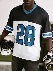 GALLERY FADE Men's Numeric & Striped Print V-Neck Short Sleeve Baseball T-Shirt - White - View 1