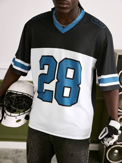 GALLERY FADE Men's Numeric & Striped Print V-Neck Short Sleeve Baseball T-Shirt