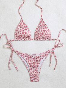 Swim Mod Set Bikini Motif Bunga Putih Musim Semi/Panas 2026, Bikini Segitiga Ikat Samping yang Lucu, Pakaian Renang Pantai Populer untuk Pesta Kolam Renang - Berwarna merah muda - View 4