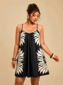 Travachic Bộ jumpsuit không tay cỡ lớn in họa tiết, cổ chữ V sâu, hở lưng và buộc dây, quần short đi nghỉ mát họa tiết retro nhiều màu sắc dành cho nữ, hàng mới. - màu đen - Xem 3