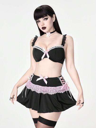 ROMWE Kawaii 4件套蕾丝边饰颈链、钢圈蝴蝶结文胸、丁字裤和迷你裙性感内衣套装