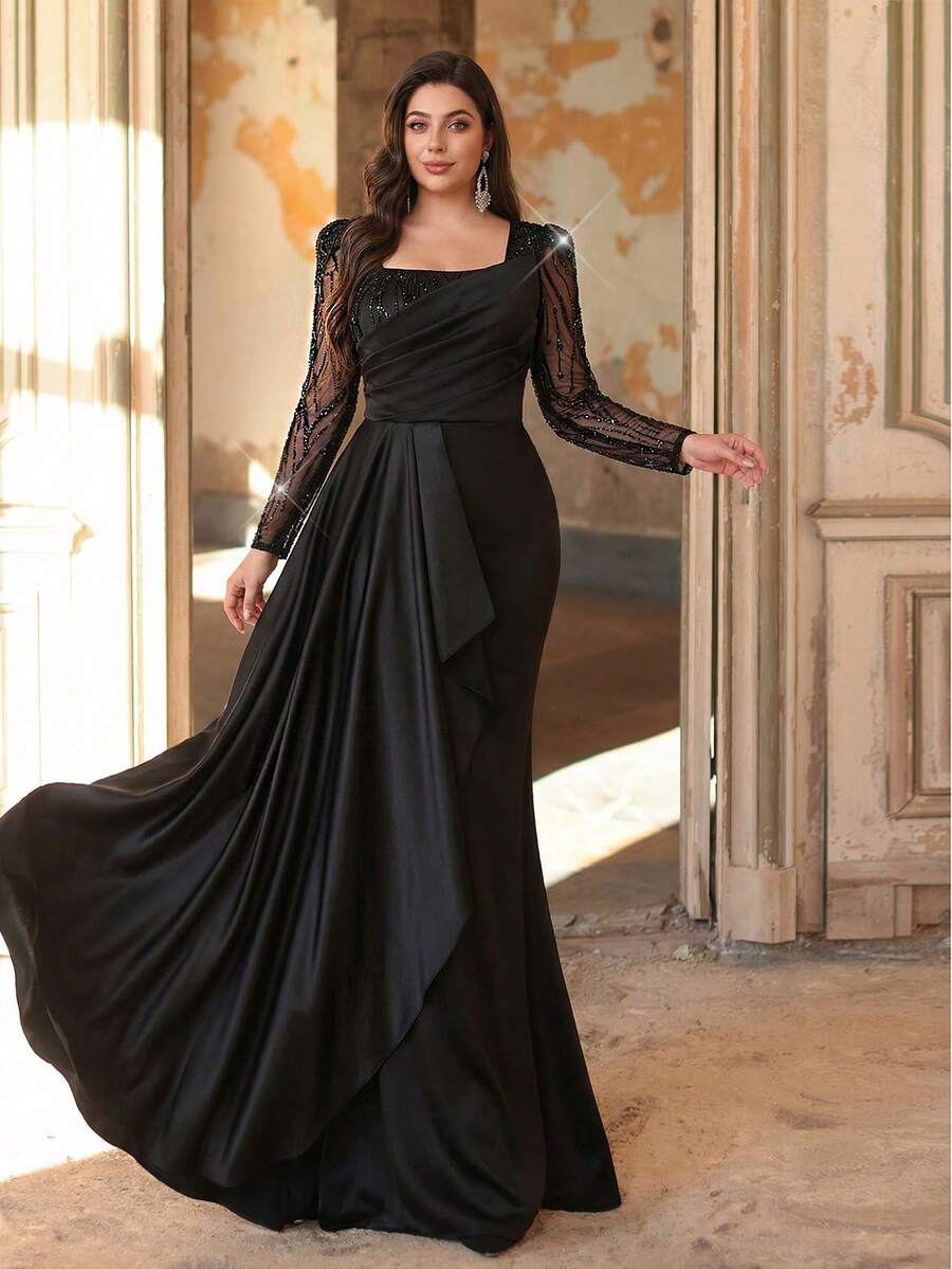 Aureia Váy dài tay cổ vuông màu đen thanh lịch lãng mạn cỡ lớn viền bèo nhún viền đuôi cá, thích hợp cho đám cưới, tiệc tùng, lễ kỷ niệm, váy dạ hội trang trọng (Thiết kế trang trí) - màu đen - Xem 1