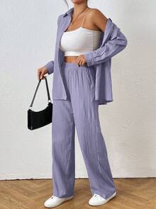 SHEIN PETITE Conjunto casual de 2 piezas de camisa de manga larga de un solo pecho y pantalones de unicolor para mujer - Morado - Ver 4