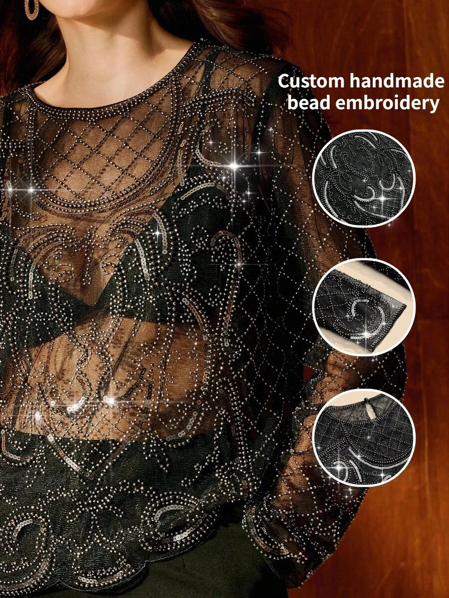 Anewsta Women's Sexy High-End Fashion Heavily Embroidered Beaded Sequin Sheer Mesh Blouse - Black - View 1