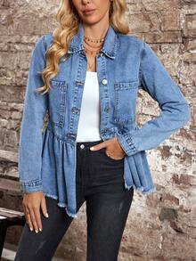 EMERY ROSE Women's Turndown Collar Single-Breasted Ruffle Hem Fashionable Versatile Daily Wear Long Sleeve Denim Jacket - Blue - View 5
