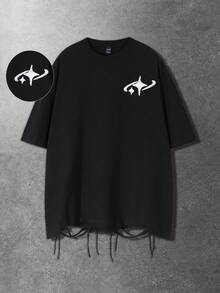 ROMWE MEN 男士休闲时尚街头通勤星形刺绣做旧下摆宽松黑色T恤，夏季款 - 黑色 - 查看 7