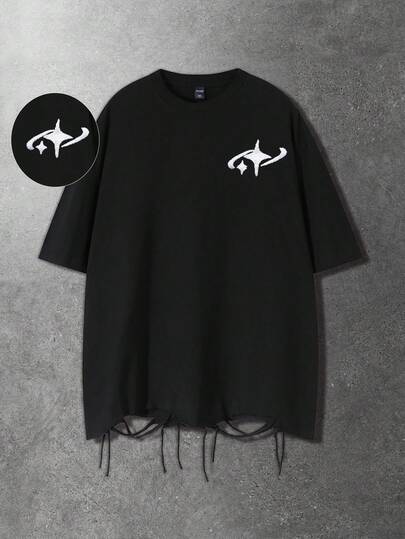 ROMWE MEN 男士休闲时尚街头通勤星形刺绣做旧下摆宽松黑色T恤，夏季款